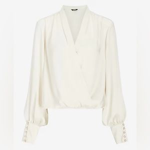 NWT, Express Ivory Embellished Cuff Draped Front Satin Blouse - XS - NWT